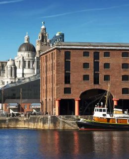 A picture of the Albert Dock, Liverpool, where the Folk Festival will take place, on a bright summer's day