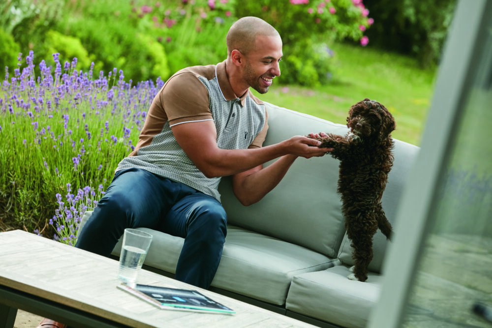 Marvin Humes models his collection for Next with a cute dog